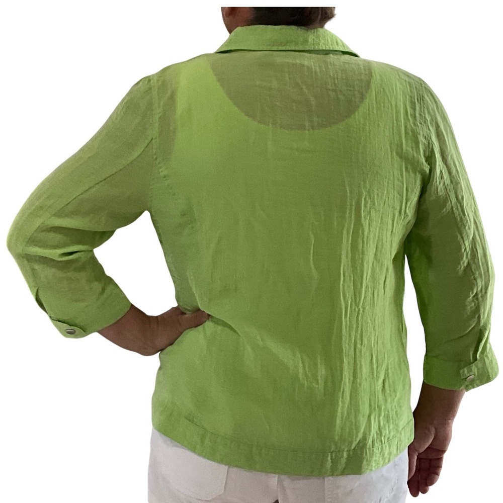 Chico's Women's Green Button Front 3/4 Sleeve Textured Linen Top Sz 2 Large 12 - Picture 3 of 7
